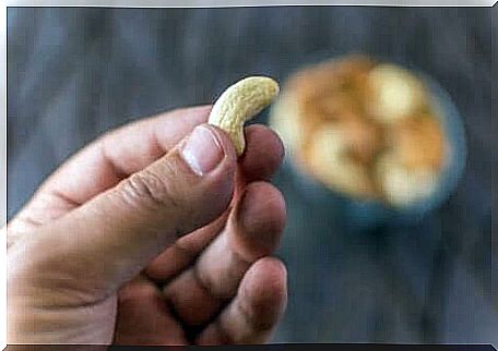 Hand with cashew.