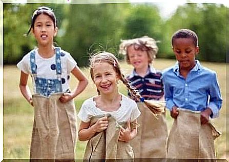 Sack race among children.